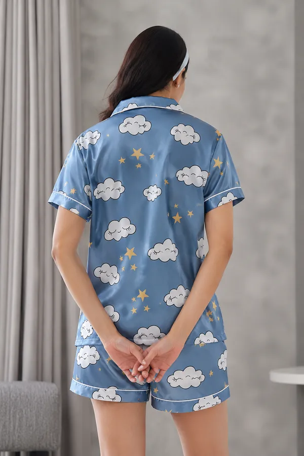Blue_Satin_Printed_Short_Sleepwear_Set_For_Women