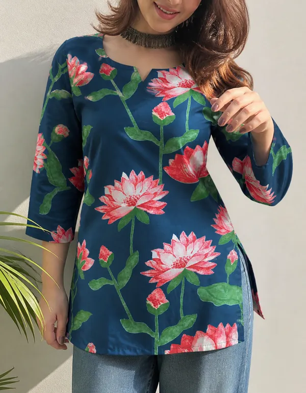 Navy_Floral_Print_Relaxed_Fit_Tunic_Top_For_Women
