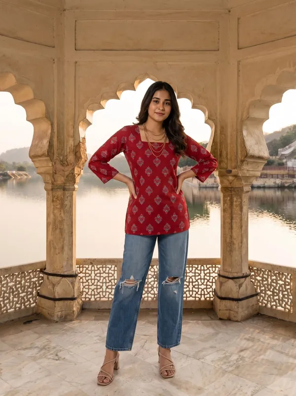 Red_Printed_Relaxed_Fit_Top_For_Women
