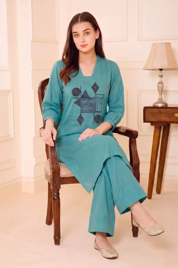 Teal_Geometric_Kurta_Set_For_Women
