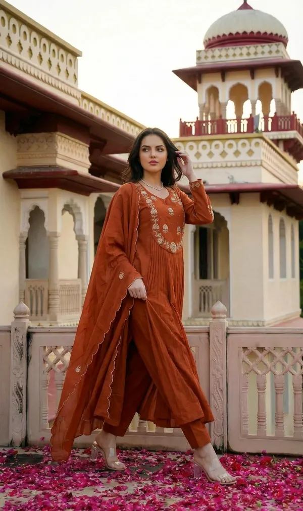 Rust_Embroidered_Anarkali_Kurta_Set_For_Women