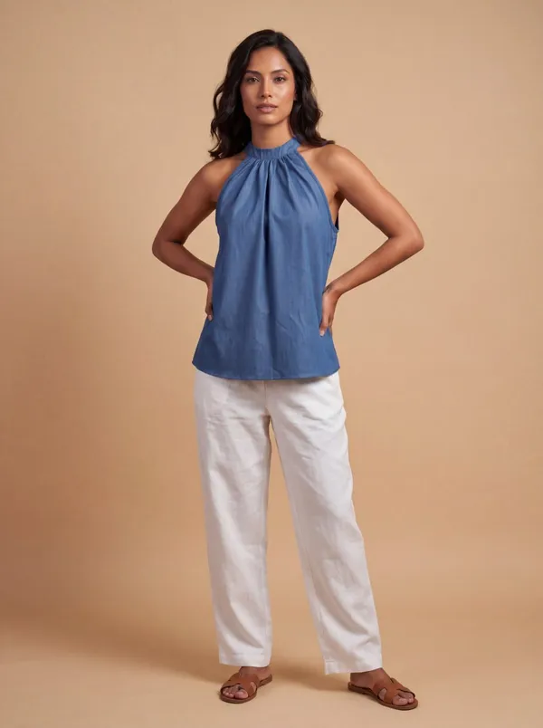 Blue_Halter_Neck_Sleeveless_Top_For_Women
