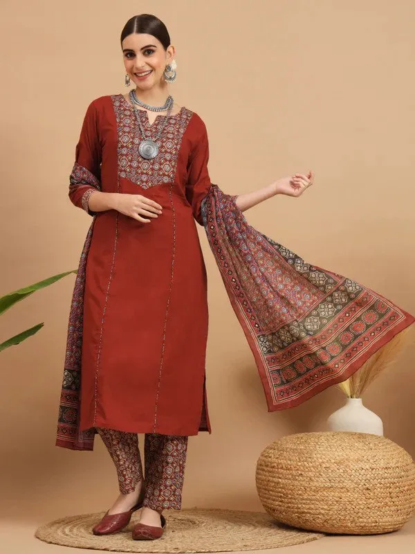 Rust_Printed_Straight_Kurta_Set_For_Women