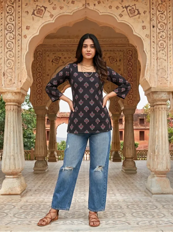 Black_Floral_Print_Straight_Kurti_For_Women