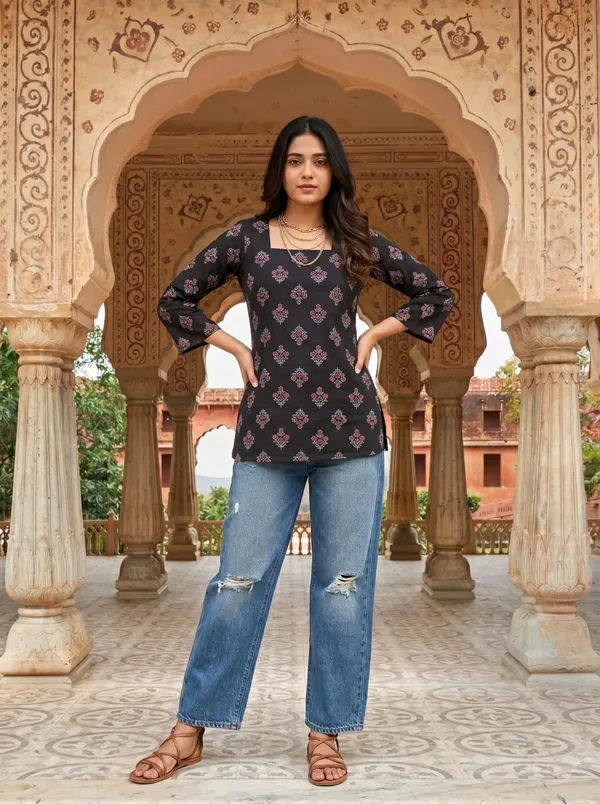 Black_Floral_Print_Straight_Kurti_For_Women