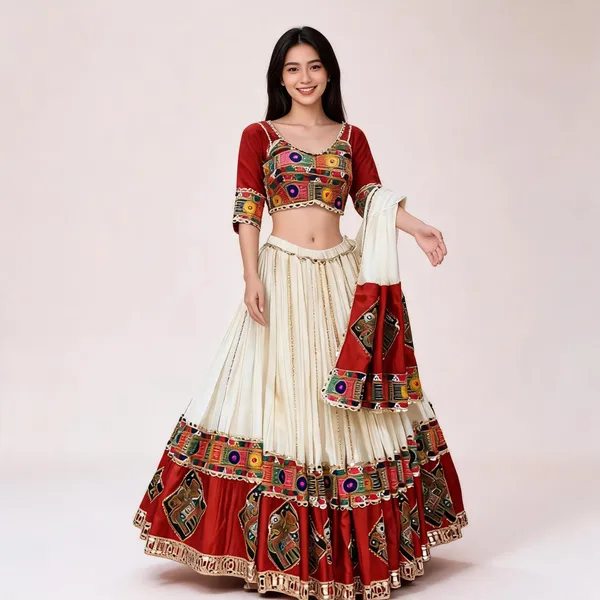 Red_And_White_Embroidered_Lehenga_Choli_Set_For_Women