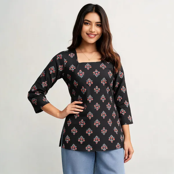 Black_Floral_Print_Straight_Kurti_For_Women