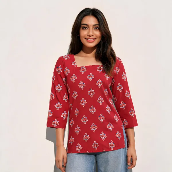 Red_Printed_Relaxed_Fit_Top_For_Women