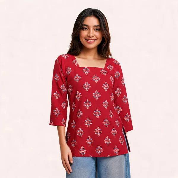 Red_Printed_Relaxed_Fit_Top_For_Women