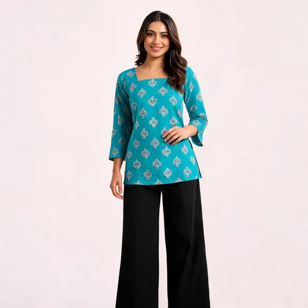 Teal_Printed_Straight_Kurti_For_Women