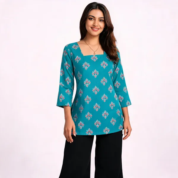 Teal_Printed_Straight_Kurti_For_Women