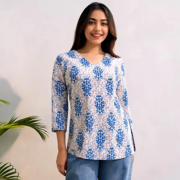 Blue_Floral_Print_Relaxed_Fit_Top_For_Women