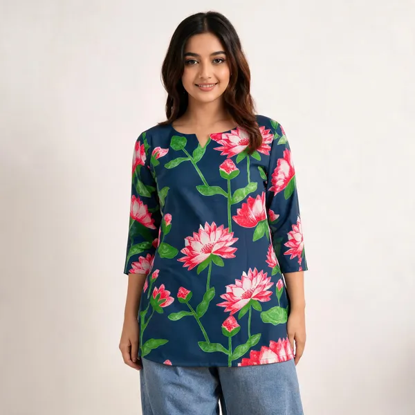 Navy_Floral_Print_Relaxed_Fit_Tunic_Top_For_Women