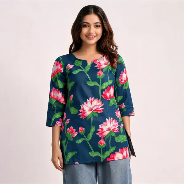 Navy_Floral_Print_Relaxed_Fit_Tunic_Top_For_Women