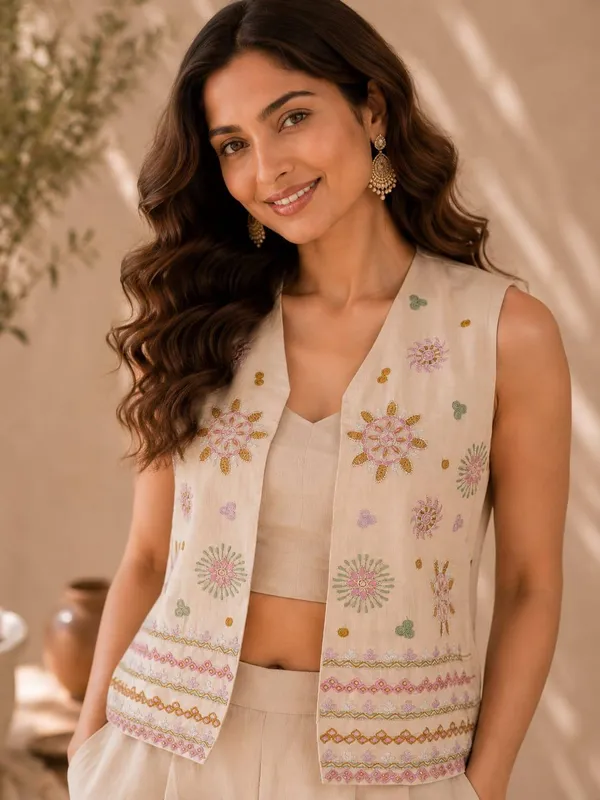 Beige_Embroidered_Three_Piece_Set_For_Women