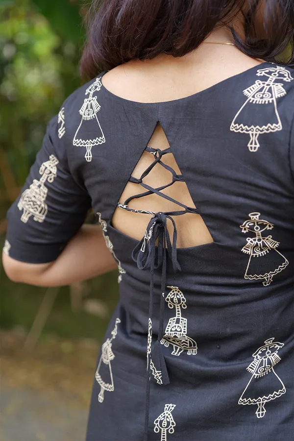 Black_Printed_Lace-Up_Kurti_For_Women