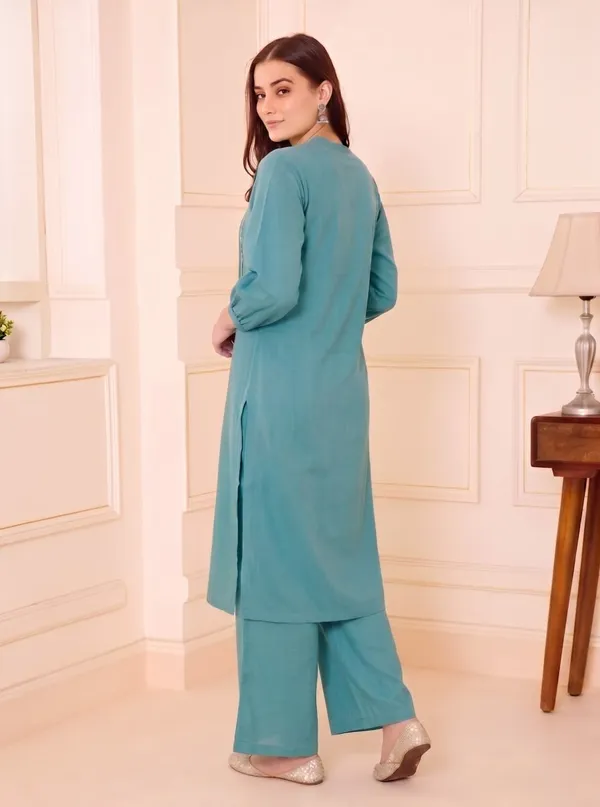 Teal_Geometric_Kurta_Set_For_Women