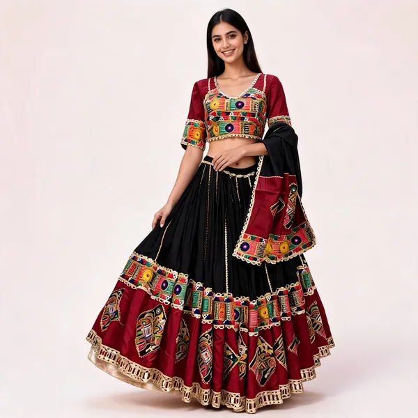 Black_And_Maroon_Embroidered_Lehenga_Choli_Set_For_Women