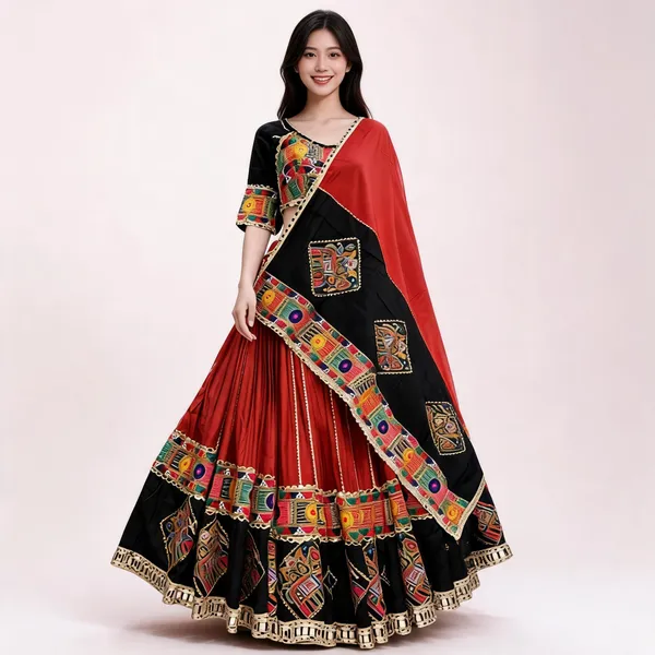 Red_And_Black_Embroidered_Lehenga_Set_For_Women