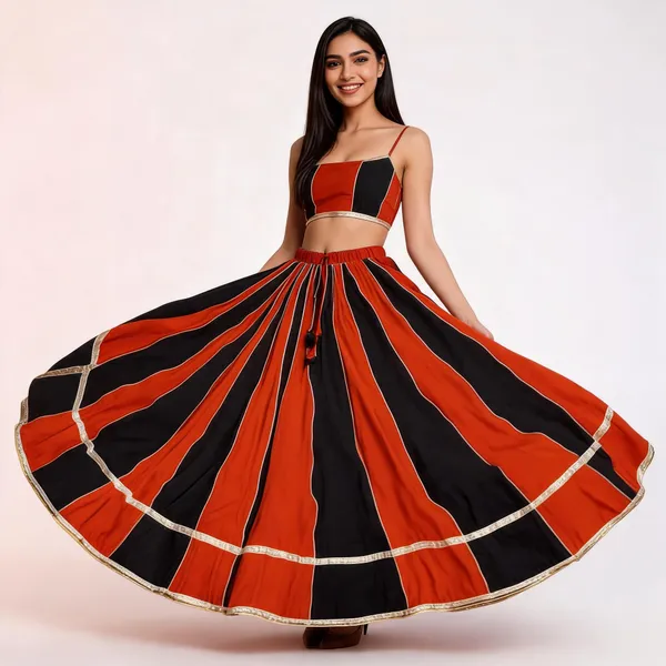 Red_And_Black_Panelled_Flared_Lehenga_Skirt_For_Women