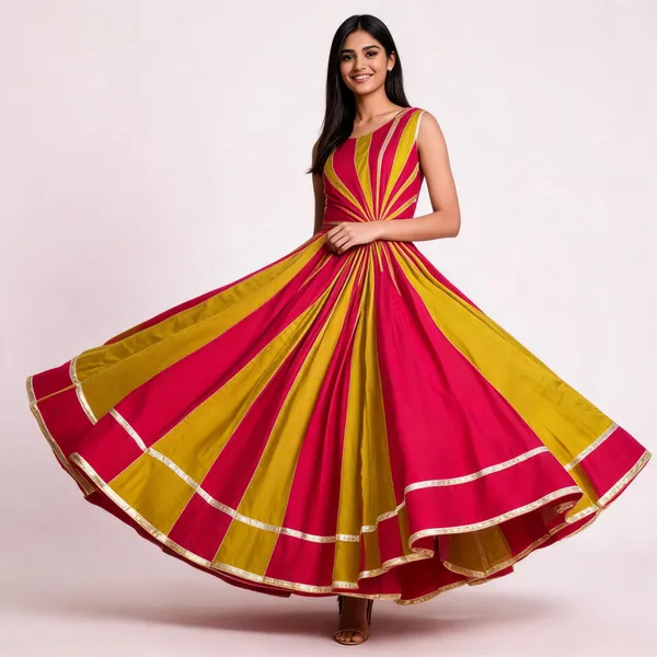 Pink_And_Mustard_Flared_Lehenga_Skirt_For_Women