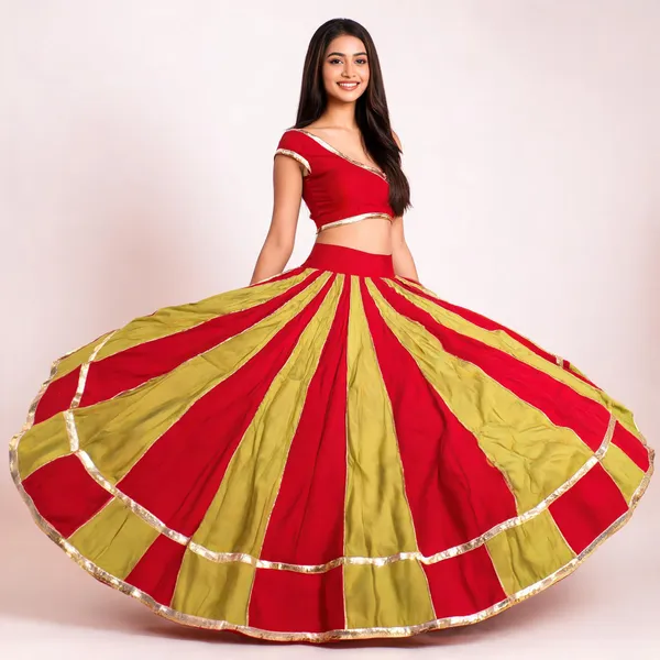 Red_And_Olive_Green_Flared_Lehenga_Skirt_For_Women