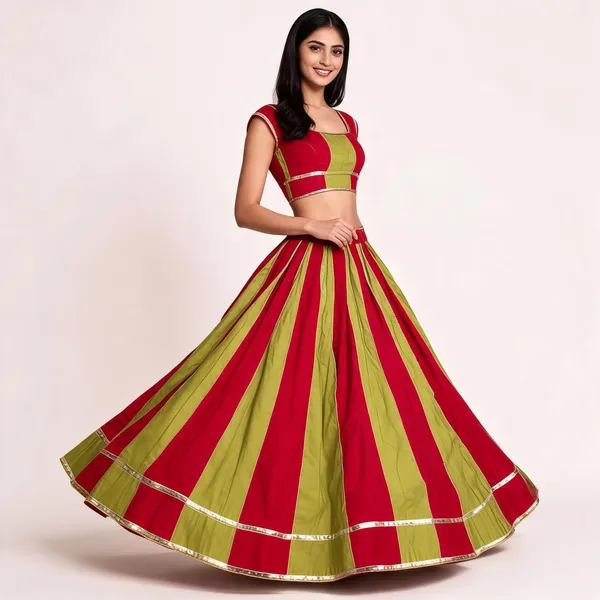 Red_And_Olive_Green_Flared_Lehenga_Skirt_For_Women