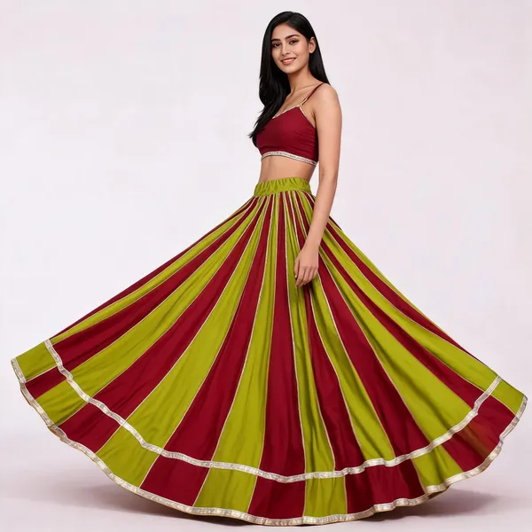 Red_And_Green_Striped_Flared_Lehenga_Skirt_For_Women