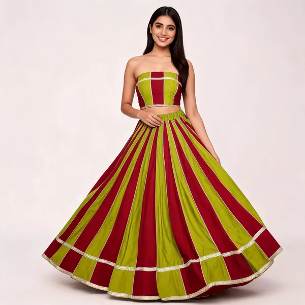 Red_And_Green_Striped_Flared_Lehenga_Skirt_For_Women