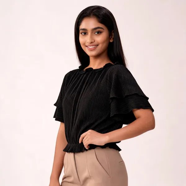 Black_Pleated_Ruffle_Sleeve_Top_For_Women