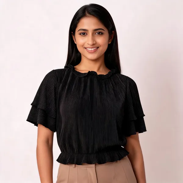Black_Pleated_Ruffle_Sleeve_Top_For_Women