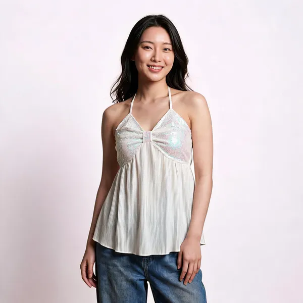 White_Sequin_Pleated_Camisole_Top_For_Women