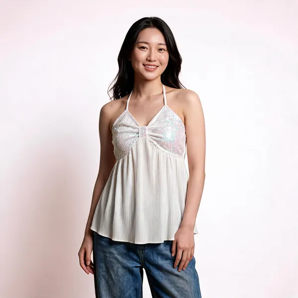 White_Sequin_Pleated_Camisole_Top_For_Women
