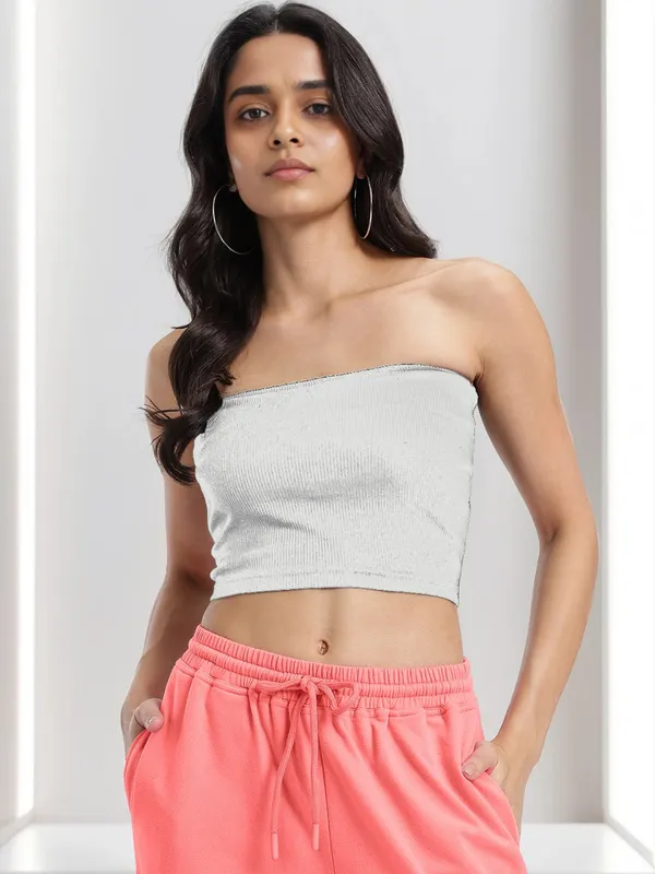 White_Ribbed_Knit_Bandeau_Crop_Top_For_Women