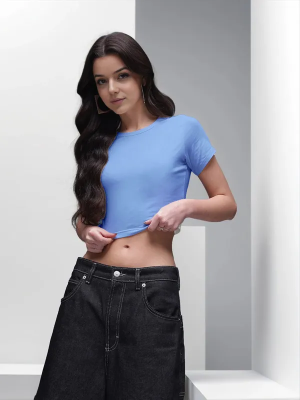 Blue_Slim_Fit_Short_Sleeve_Crop_Top_For_Women