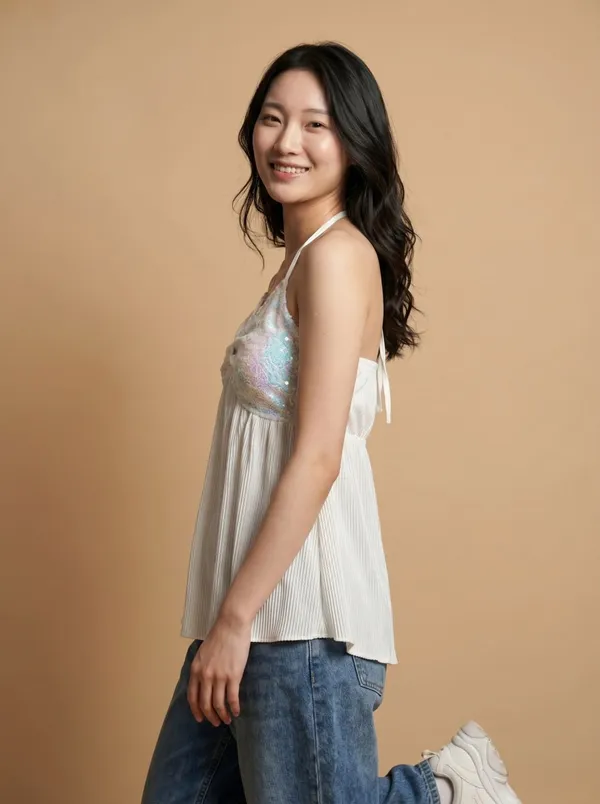 White_Sequin_Pleated_Camisole_Top_For_Women