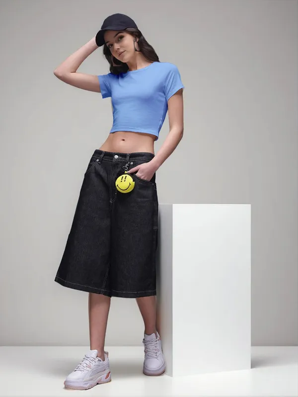Blue_Slim_Fit_Short_Sleeve_Crop_Top_For_Women