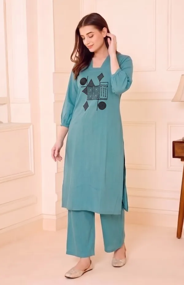 Teal_Geometric_Kurta_Set_For_Women