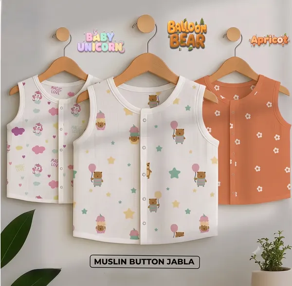 White_Muslin_Bear_Print_Button_Front_Jabla_For_Babies_Pack_Of_3