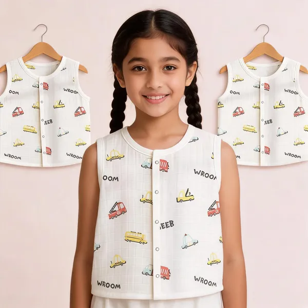 White_Muslin_Vehicle_Print_Sleeveless_Jhabla_For_Babies_Pack_Of_3