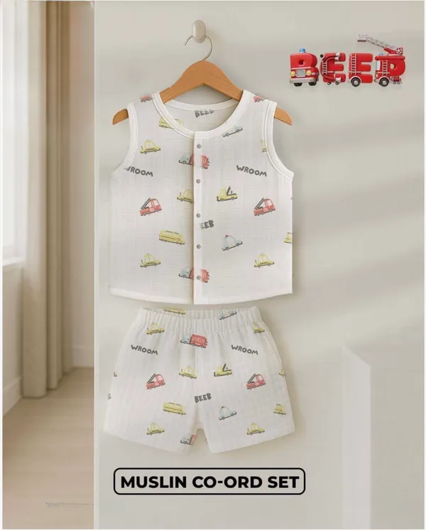 White_Muslin_Vehicle_Print_Sleeveless_Co-Ord_Set_For_Babies