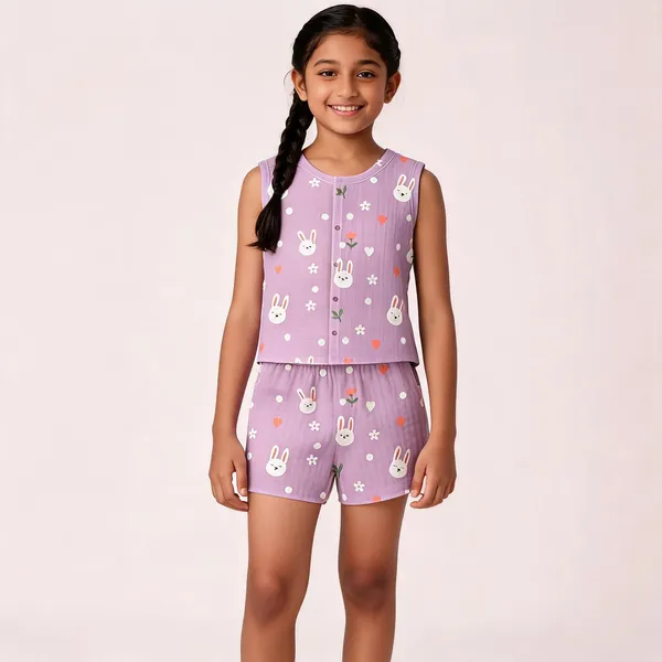 Lilac_Muslin_Bunny_Print_Sleeveless_Co-Ord_Set_For_Kids