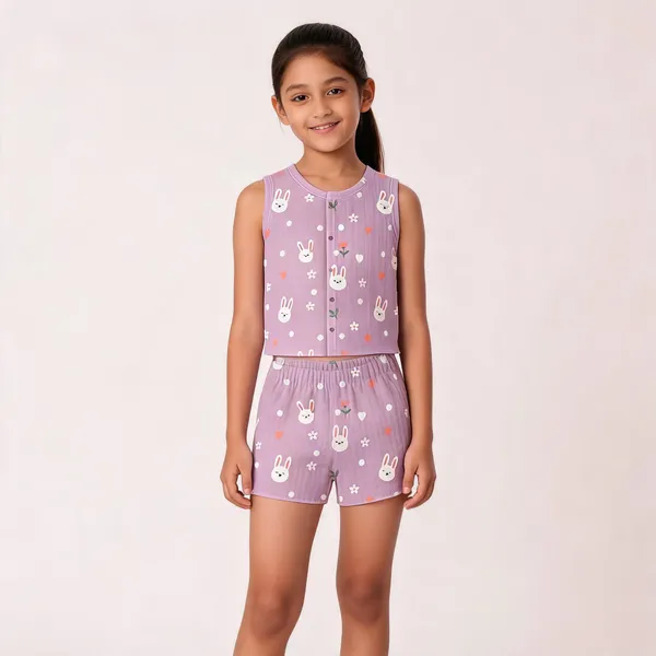 Lilac_Muslin_Bunny_Print_Sleeveless_Co-Ord_Set_For_Kids