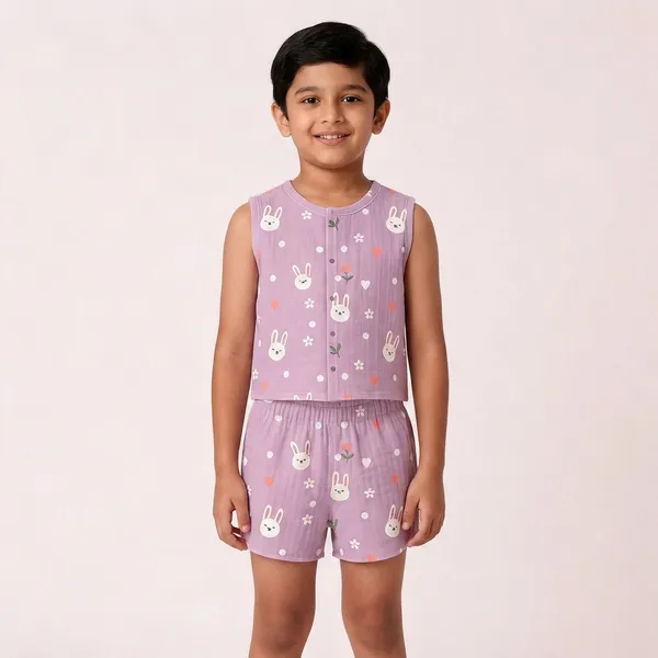 Lilac_Muslin_Bunny_Print_Sleeveless_Co-Ord_Set_For_Kids