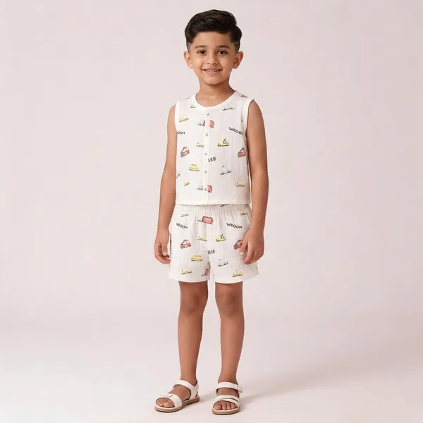 White_Muslin_Vehicle_Print_Sleeveless_Co-Ord_Set_For_Babies