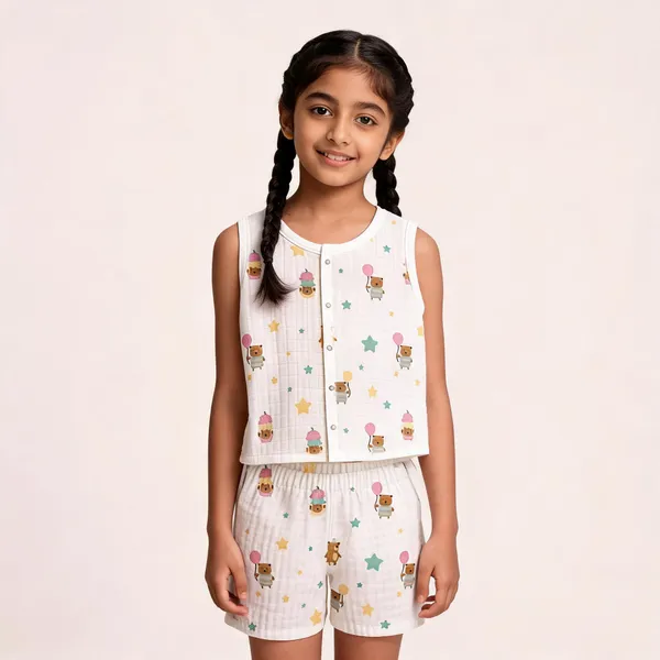 White_Muslin_Bear_Print_Sleeveless_Co-Ord_Set_For_Babies