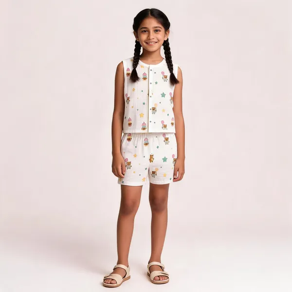 White_Muslin_Bear_Print_Sleeveless_Co-Ord_Set_For_Babies