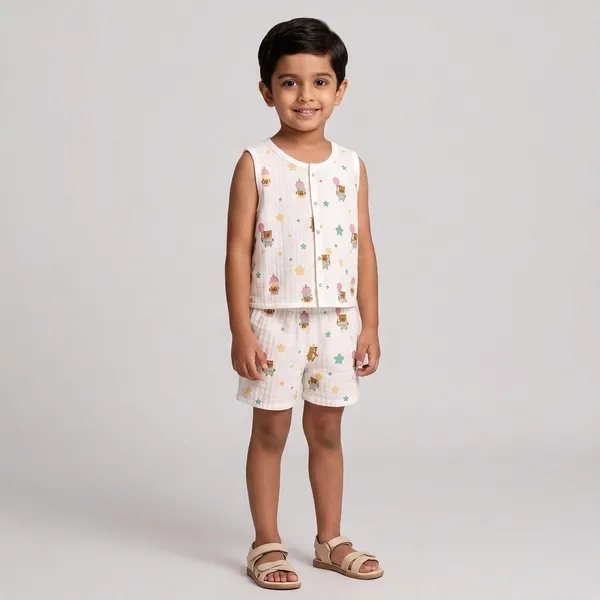 White_Muslin_Bear_Print_Sleeveless_Co-Ord_Set_For_Babies