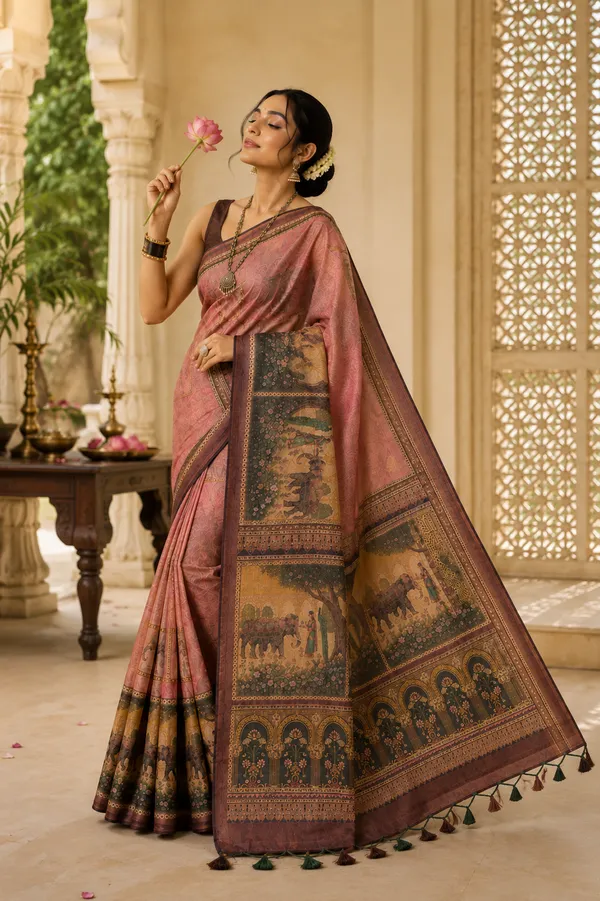 Lightweight_Saree_For_Women_in__Dusty_Rose_&_Brown_Traditional_Royal_Print_for___Wedding_And_Festival__With_Blouse_Piece