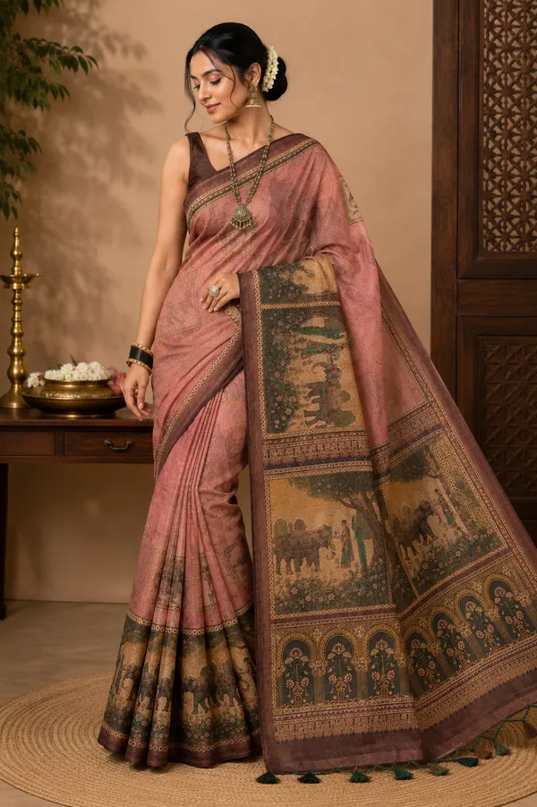 Lightweight_Saree_For_Women_in__Dusty_Rose_&_Brown_Traditional_Royal_Print_for___Wedding_And_Festival__With_Blouse_Piece